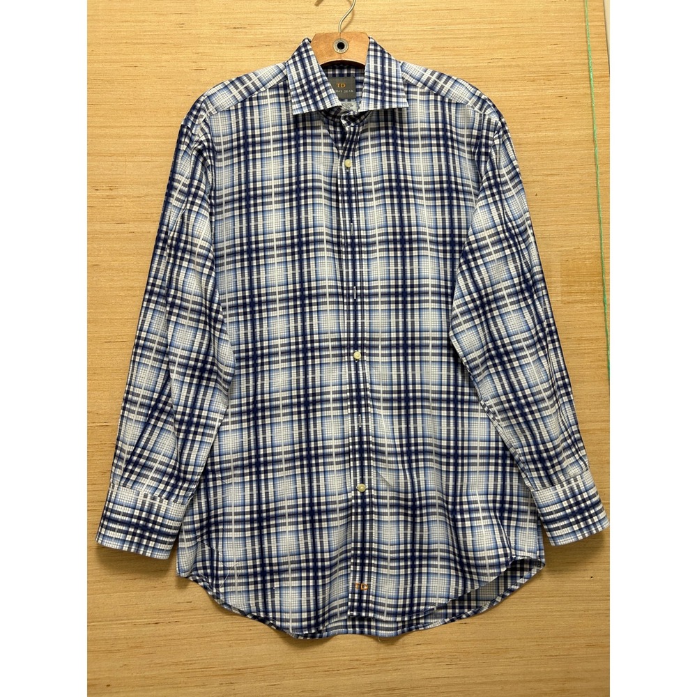 Thomas Dean Mens Blue White‎ Plaid Long Sleeve Button Down Cotton Shirt Size M